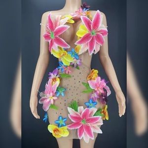 Women Sparkly Floral Transparent Flowers Nude Dress